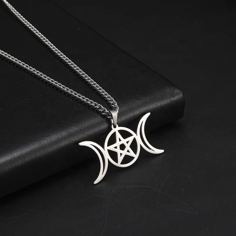 Moon Pentagram Wicca Goddess Necklace for Women Men Stainless Steel Jewelry Magic Pendant Pentacle Witch Amulet