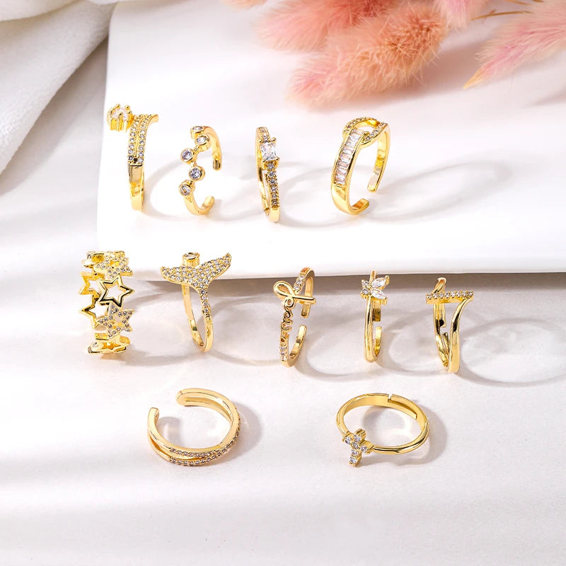 HOVANCI Minimalist Jewelry 18K Gold Plated Star Butterfly Zircon Ring Gift Waterproof Open Size Rings for Women