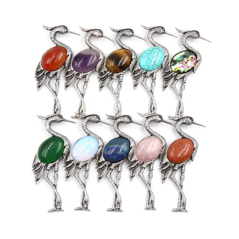 Natural Crystal Red Crowned Crane Pendant Necklace Gemstone AnImal Bird Brooch Exaggerated Chaoren Abalone Shell