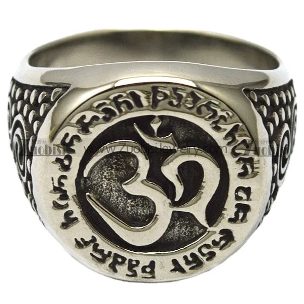 Vintage Buddhism Stainless Steel Cluster Ring Gold Plated Round Signet Engraved Om Mani Padme Hum Mantra Elegant Signet Ring
