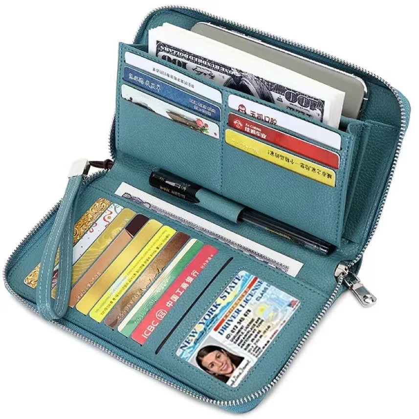 Women's RFID Blocking 100% Genuine Leather Large Capacity Zip  Phone Purse With Wristlet Card Holder Clutch Travel Wallet