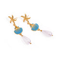 J&D 18K Gold Stainless Steel Seaside Holiday Style Pearl Starfish Blue Oil Shell Pearl Drop Earrings