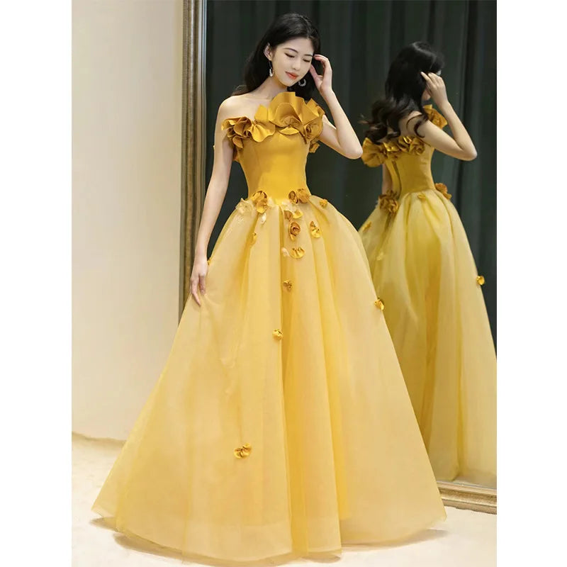 Yellow Tulle Flower Strapless Prom Dress Floor Length Prom Party Gown Formal a Line Velvet Evening Dresses
