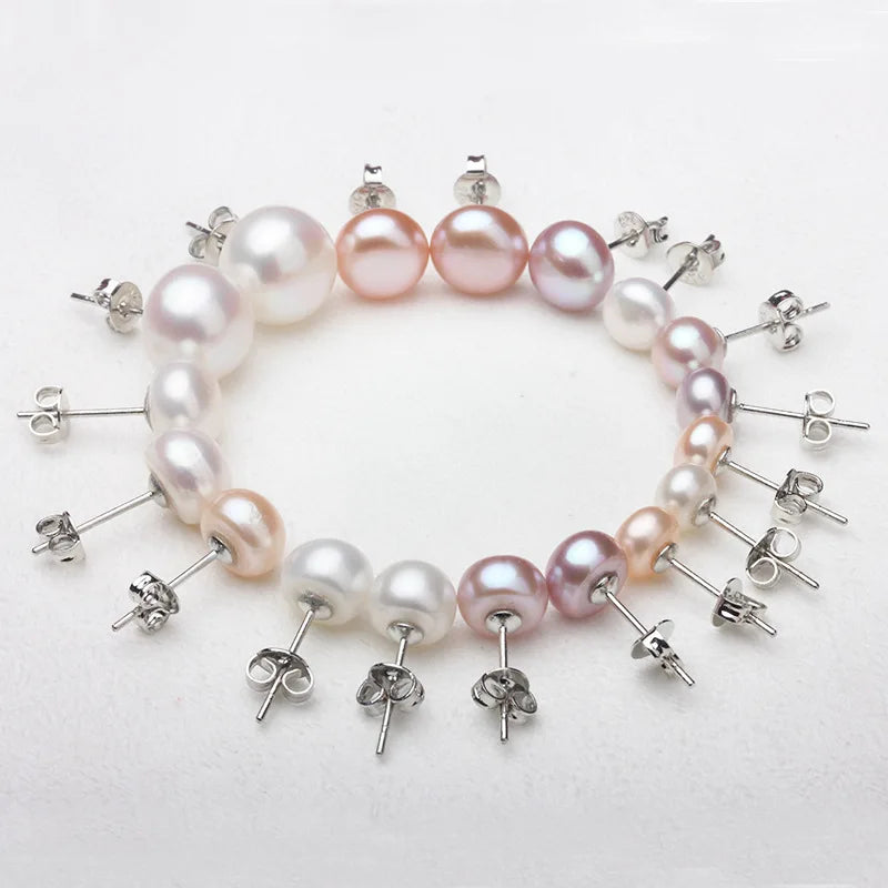 Certified 6-12Mm Freshwater Pearl Ear Studs 925 Printed Pearl Earrings Natural Genuine White Pink Purple Three-Color Mixed Batch