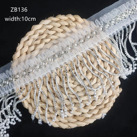 Low Price Novel Design White Shiny French Tulle Tassel Crystal Beaded Sequin Lace Fabric for Garment Wedding Dress Gown ZB136