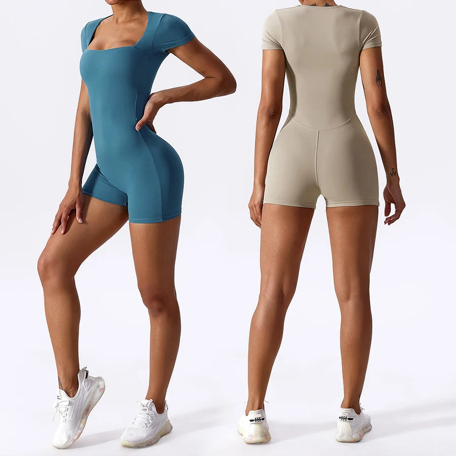 Women's Summer Cloudy Fabric Spring Knitted Jumpsuit Solid Style Bodysuit Square Collar Tummy Control Bodycon Gym Yoga Wear