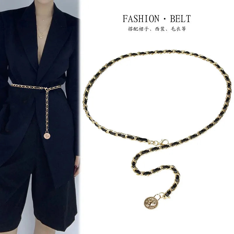 Women's Dress Accessories Waist Chain Metal Chain Apparel Accessories  Thin Through PU Leather Waist Belts