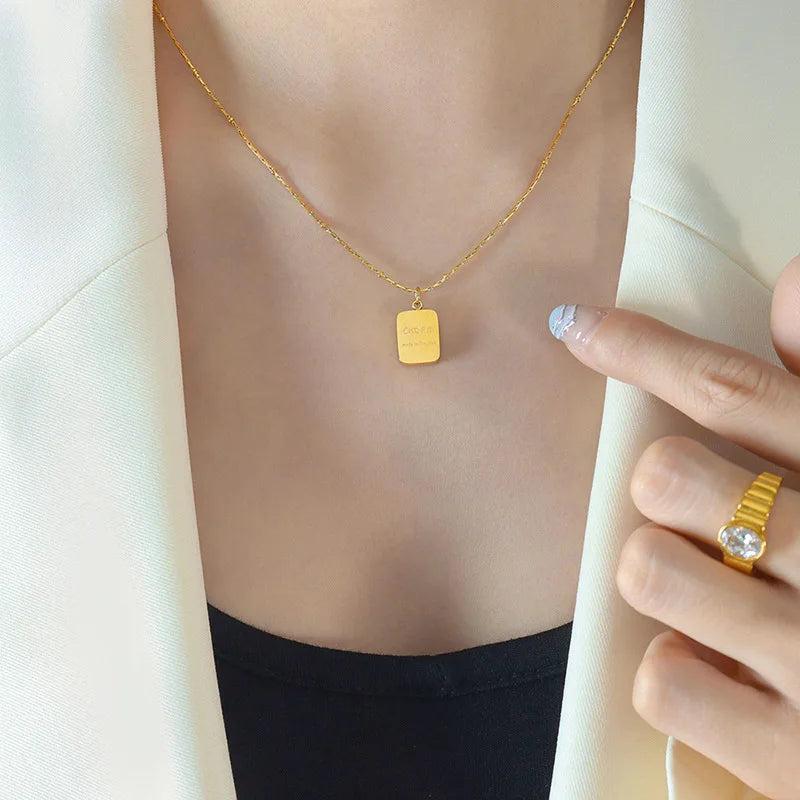 18k Gold Plated Stainless Steel Block Pendant Necklace Twisted Rope Chain Hip Hop Jewelry Men Women Unisex Gift Accessory
