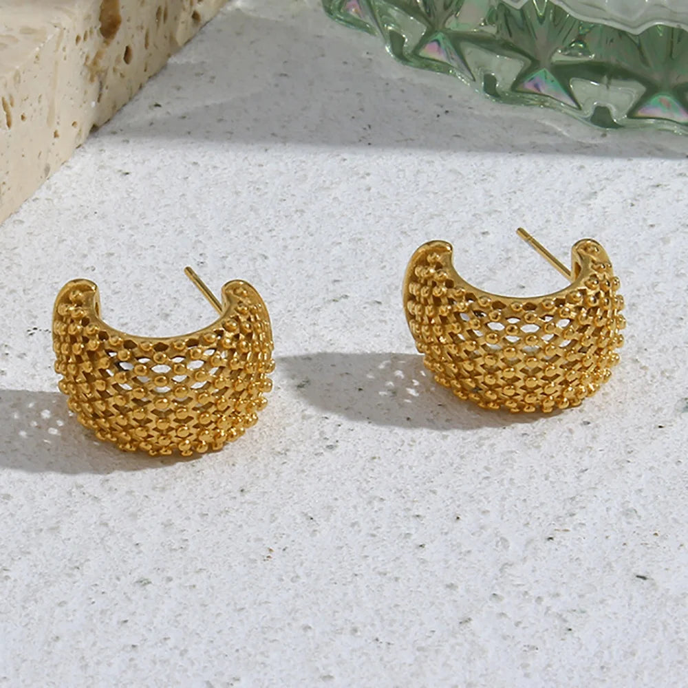 Tarnish Free Hollow C Shape Mesh Design Chunky Hoop Earrings 18k Gold Plated Stainless Steel Earrings