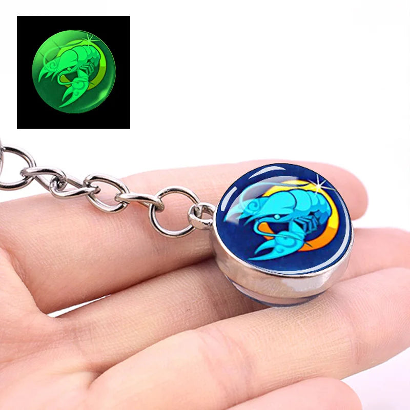 Luminous 12 Constellations Cute Cartoon Zodiac Sign Keyring Boy Girl Student Gifts Glowing in the Dark Crystal Ball  Keychain