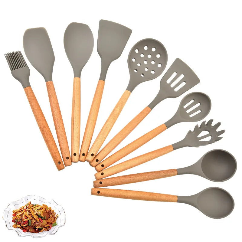 Creative Kitchen Utensils 10 Pieces Set Wooden Handle Silicone Cooking Spoon Spatula Kitchen Tool Set