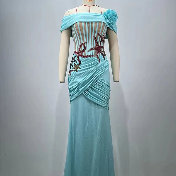 A9756 Fashionable Styles Beaded Women Maxi Prom Dress Light Blue Off-shoulder Ladies Party Dress