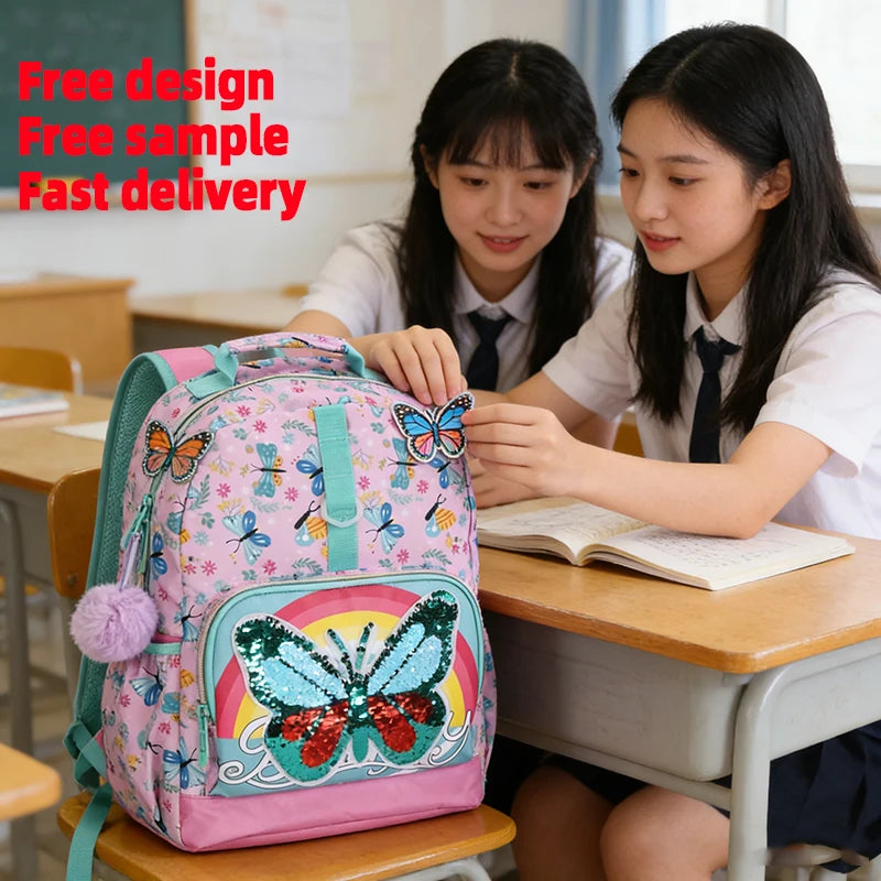 Kids Schoolbags Print on Demand Custom for Children Day Gift Student Backpack with 1 Pompom Girls Sequins ButterflY School Bags