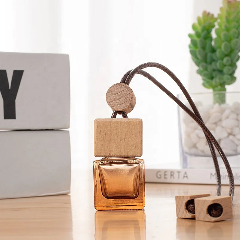 Custom 6ml Mini Empty Glass Spray Perfume Bottles with Wooden Square Lid Screw Cap Brown Glass Bottle Hanging Perfume Bottles