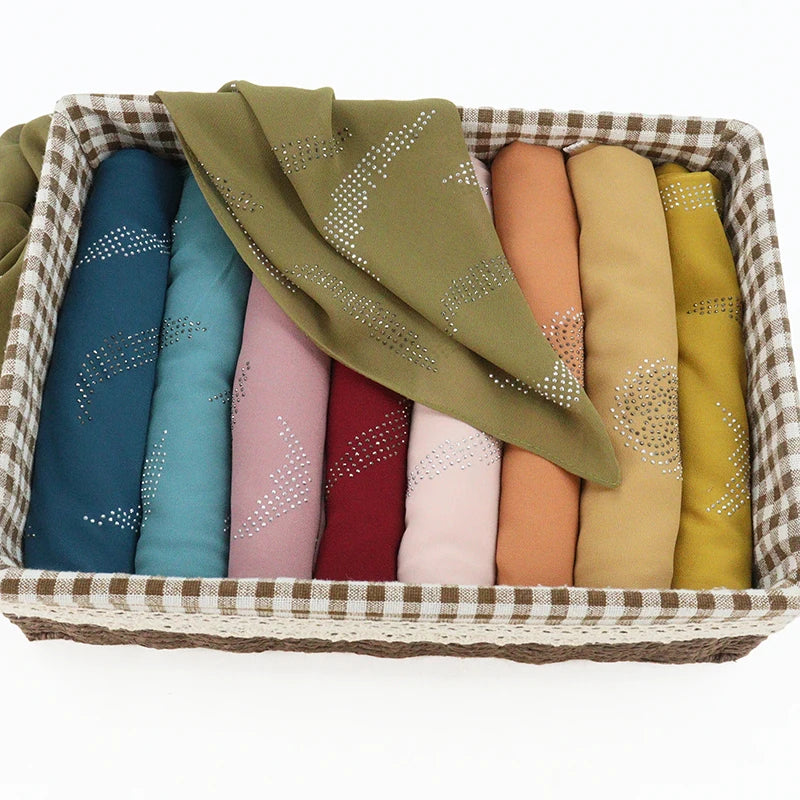 Diamond Chiffon Hijab Scarf Shawls With Pearl for Muslim Ladies Women Head Band Plain Chiffon Scarf