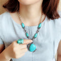 Wholesale European American Retro Bohemian Turquoise Necklace Set S136 Original Alloy Two-Piece Carved Jewelry Foreign Trade