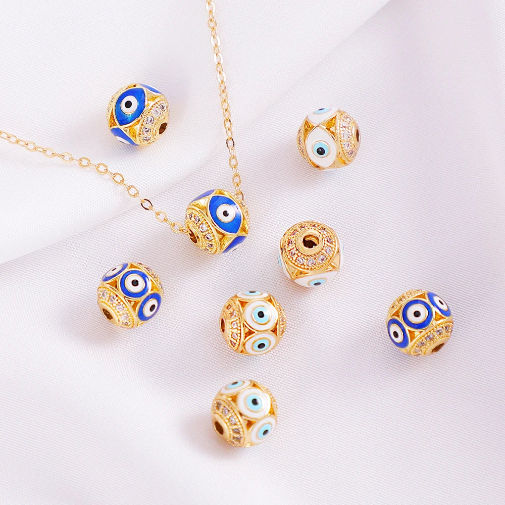 18K Gold Plated Brass Round Spacer Beads Enamel Drop Oil Eye Loose Beads Magic Eye Klein Blue Bead for Jewelrymaking