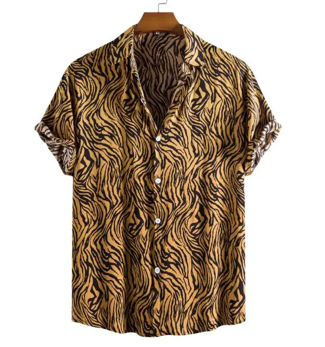 Custom logo Summer Casual Mens Hawaiian Beach Short Sleeve Print Leopard Print Shirts Size 2XL