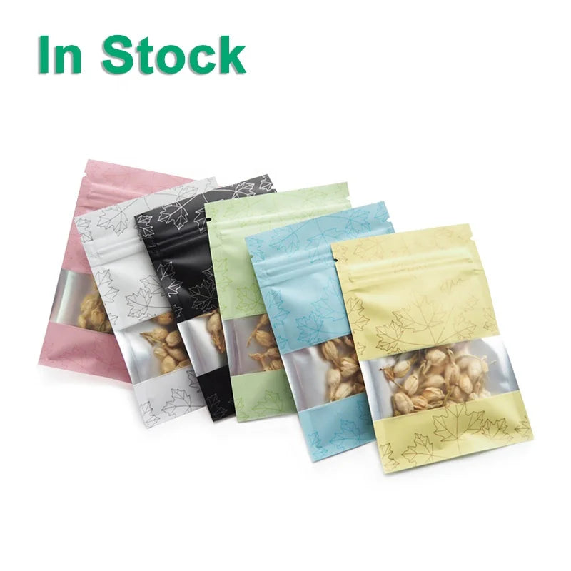 Printed Maple Leaf Flat Reclosable Zip Lock Packaging Food Storage Pouches Bags With Window