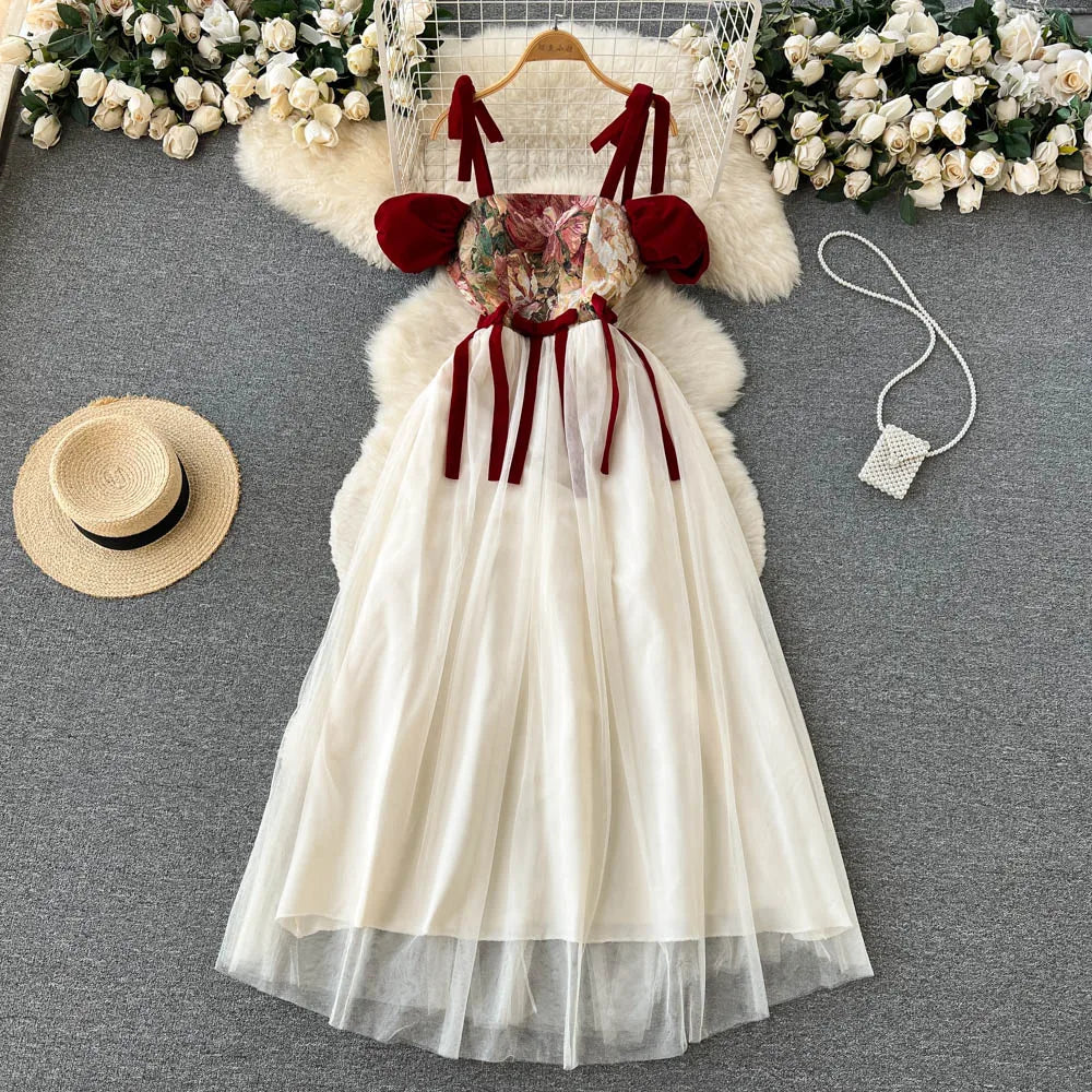 Boutique Wholesale 2026 Spring New French Retro Niche Design Embroidered Suspender With Waistband Slimming Mesh Women's Dress