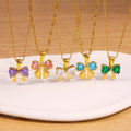 JUSNOVA Vintage Stainless Steel 18K Gold Jewelry Set Geometric Necklace Pendant Studs Earrings & Butterfly Earrings Zircon Stone