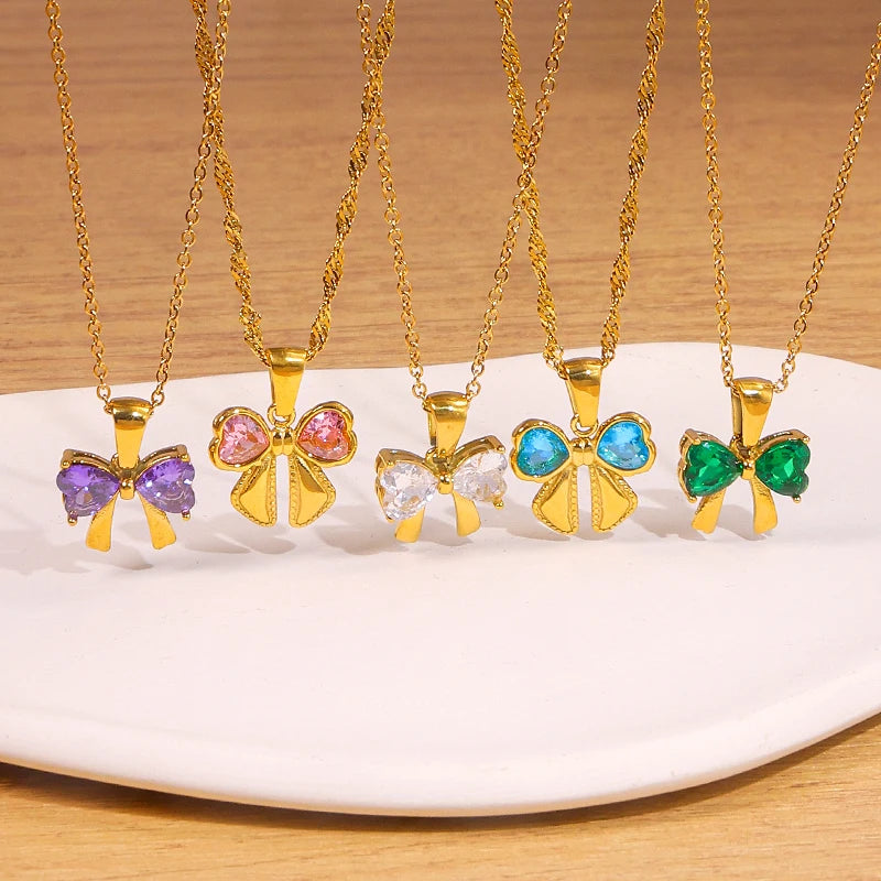 JUSNOVA Vintage Stainless Steel 18K Gold Jewelry Set Geometric Necklace Pendant Studs Earrings & Butterfly Earrings Zircon Stone