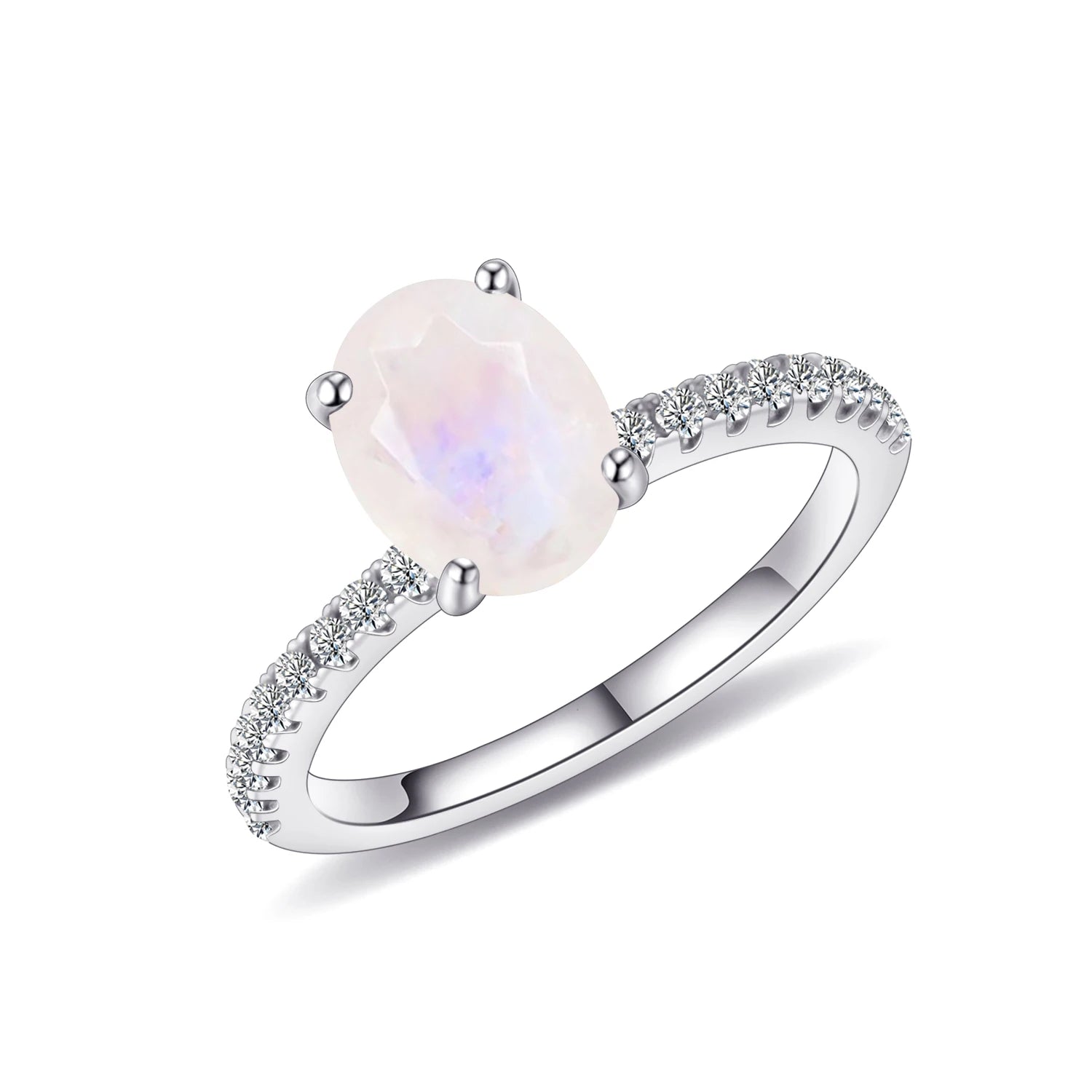 KH066 Fine Jewelry Oval 5x7mm Milky Rainbow Moonstone Half Eternity 925 Sterling Silver Gemstone Engagement Ring