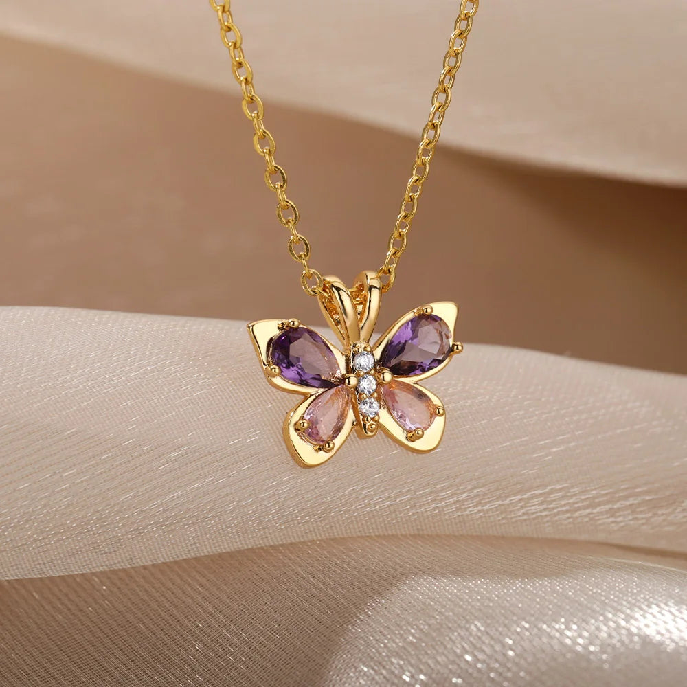 Fashion Cute Stainless Steel Butterfly Crystal Purple Aesthetic Charms Choker Necklaces for Women Gifts