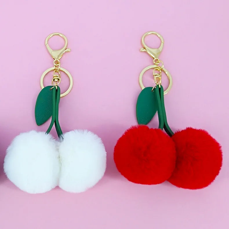 Fashion Key Bag Charms Rabbit Plush Pom Pom Fruit Cherry Pendant Keychain for Women