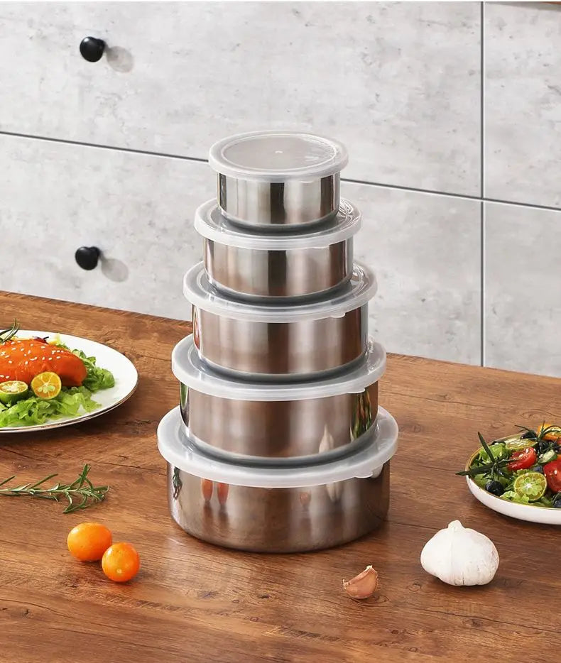Factory Wholesale 509g Stainless Steel Thickened Crisper Five-piece Food Storage Container Round Shape With PP Cover
