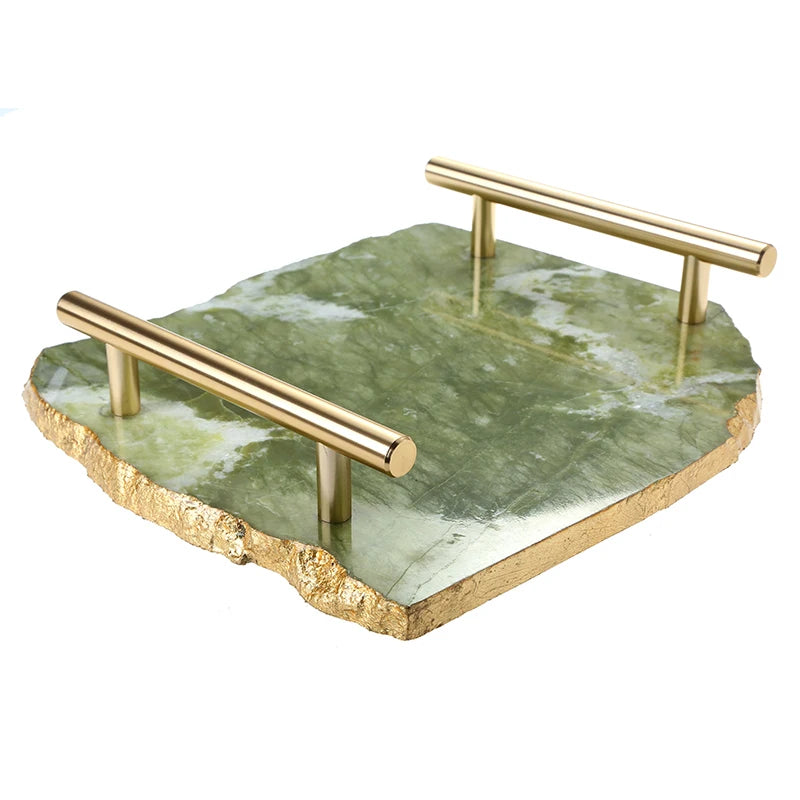 Custom Gold Handle Engraved logo Agate Stone Tray Slice Stone Tray Crystal Stone Candle Marble Tray MegaBDM