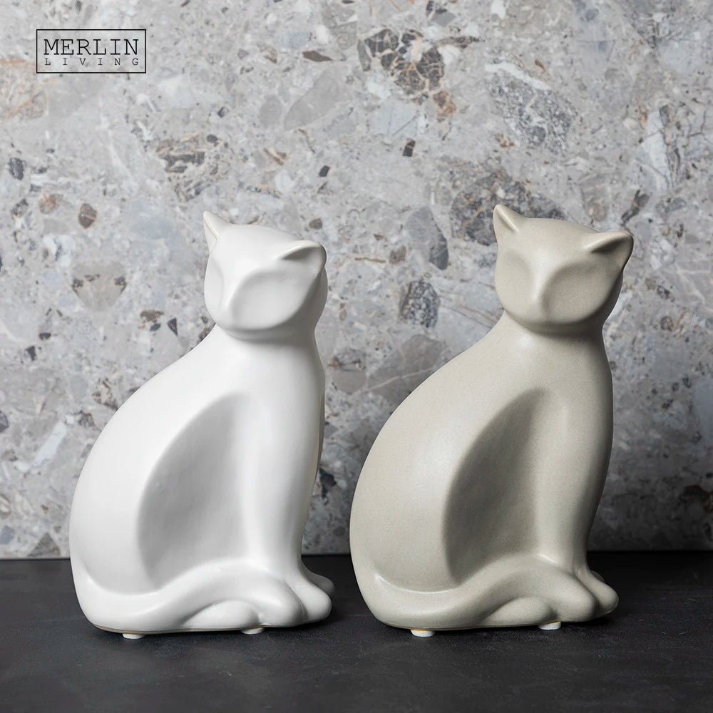 Merlin Living Ceramic Cat Figurine Life Animal Statue Cabinet Ornament Cream Art Rhinoceros Sculpture Online Sale for Home Decor
