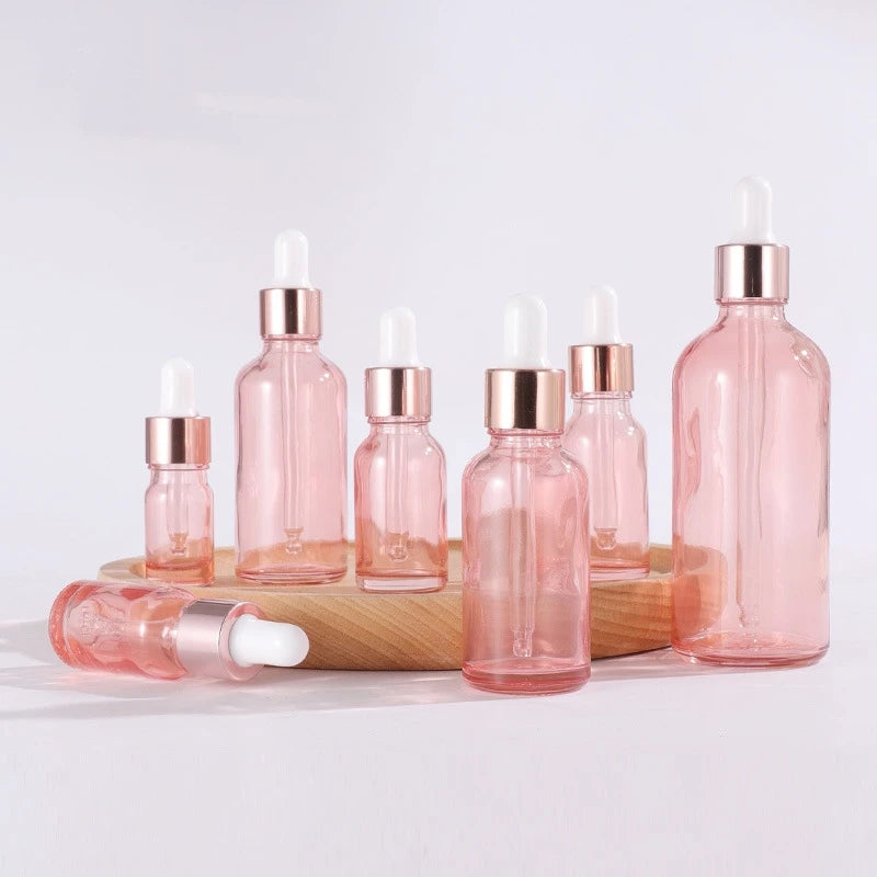 Wholesale 5ml 10ml 15ml 20ml 30ml 50ml 100 ml pink  Glass Essential Oil Dropper Bottle with Rose Gold Aluminum Cap