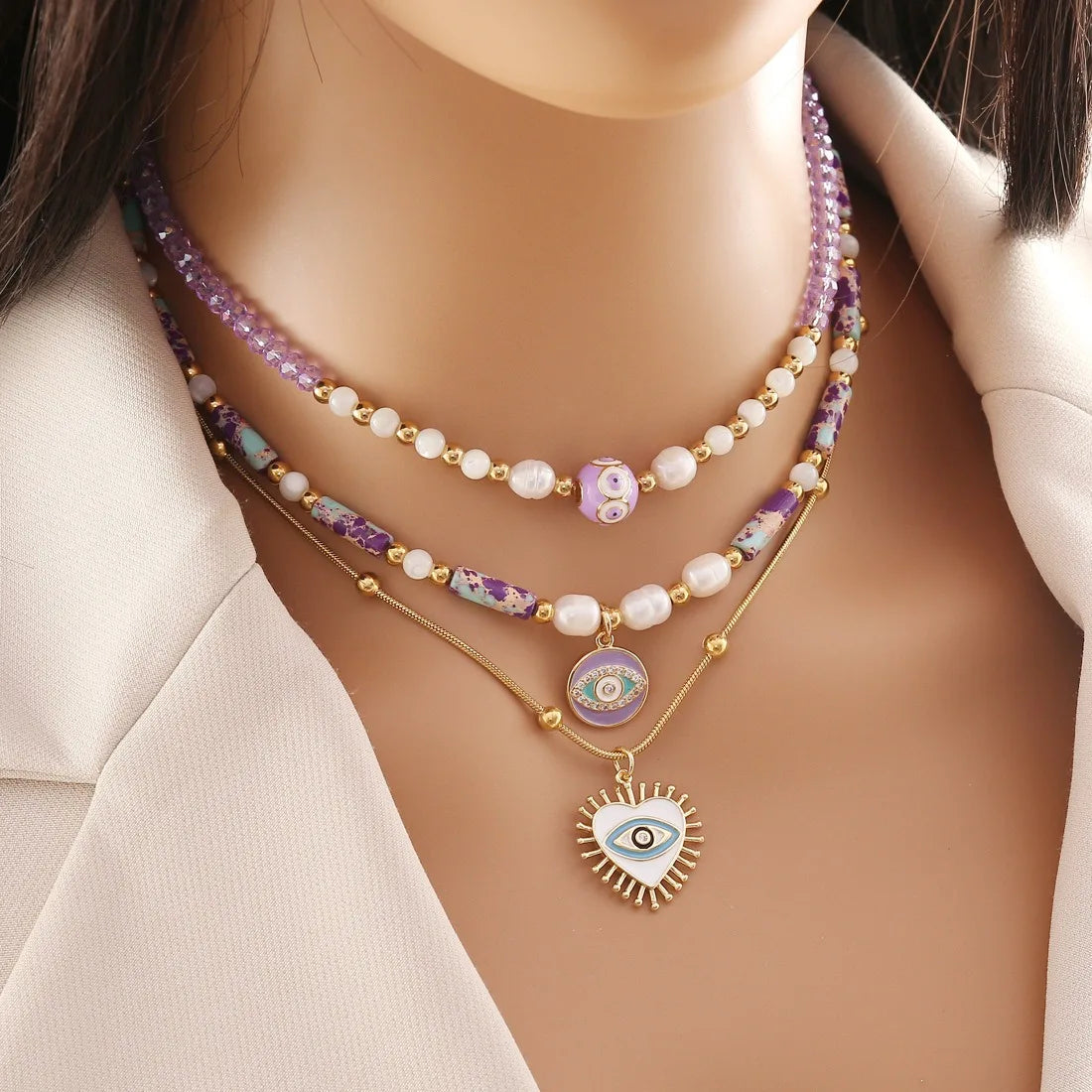 Bohemian Demon Eyes Necklace Dainty Purple Emperor Stone Necklace Heart Charm Baroque Pearl Healing Jewelry for Women Girls Gift