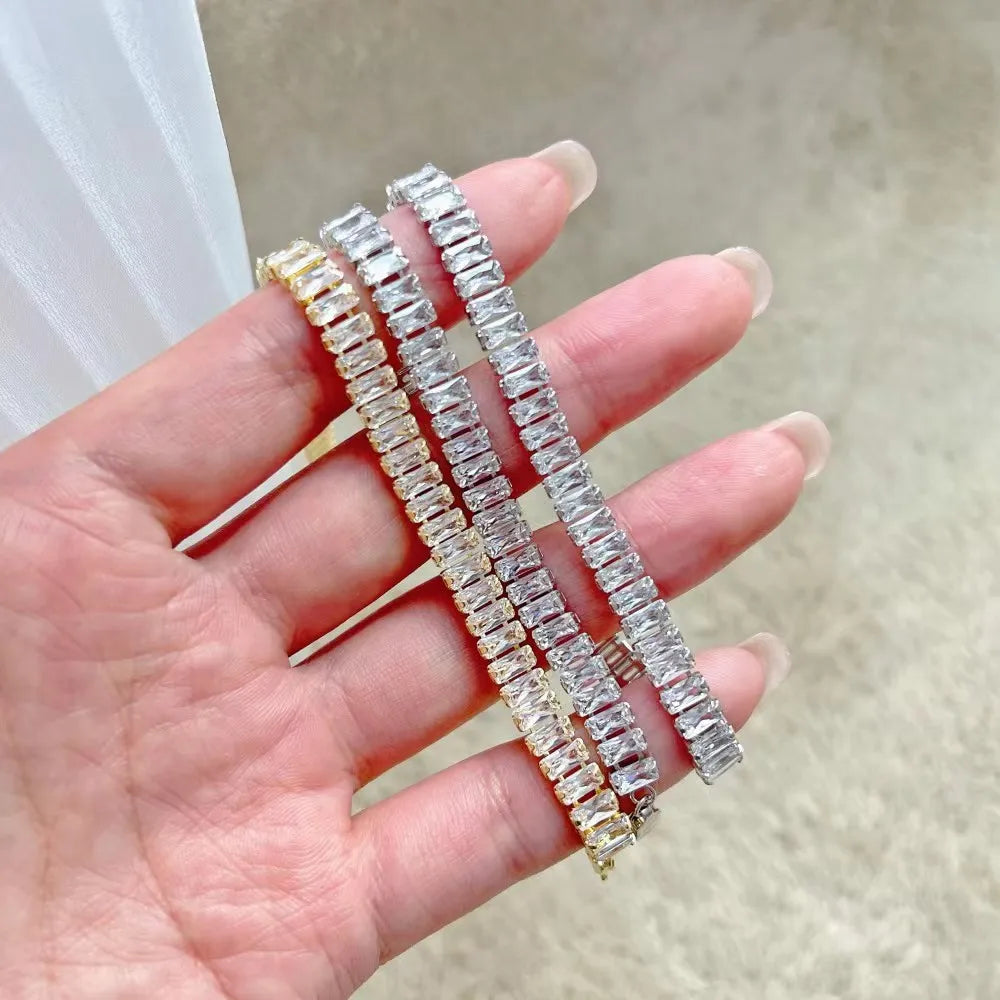 Fashion Trendy Stainless Steel CZ Cubic Zirconia 6x3mm Tennis Chain Iced Out Party Friendship Bracelet Jewelry for Women