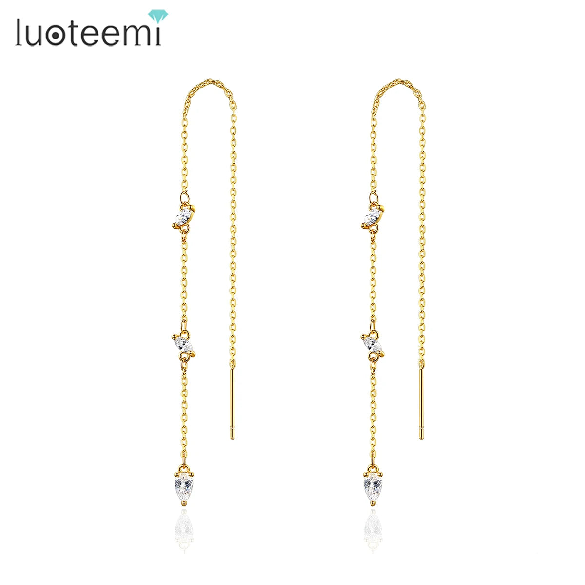 LUOTEEMI Korean Fashion Wholesale Real Gold Plated Simple Long Chain Wire Earrings a AA Cubic Zircon Women Girls