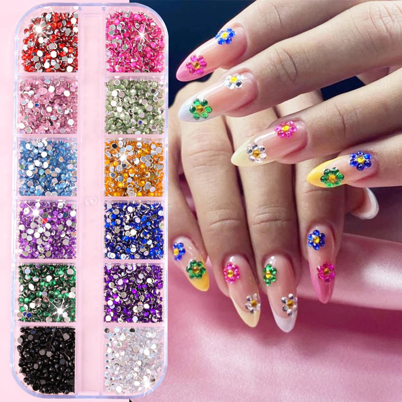 2mm 12 Grids AB Crystal Nail Art FlatBack Rhinestone 12 Colors Dazzling Diamonds Strass Manicure Tip 3D Nail Charms Decoration