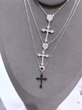Ilona Silver Plated Copper Gothic Cross Jewelry Set Multi Color Heart CZ Pendant Necklace Drop Earring Y2K Women Streetwear Gift
