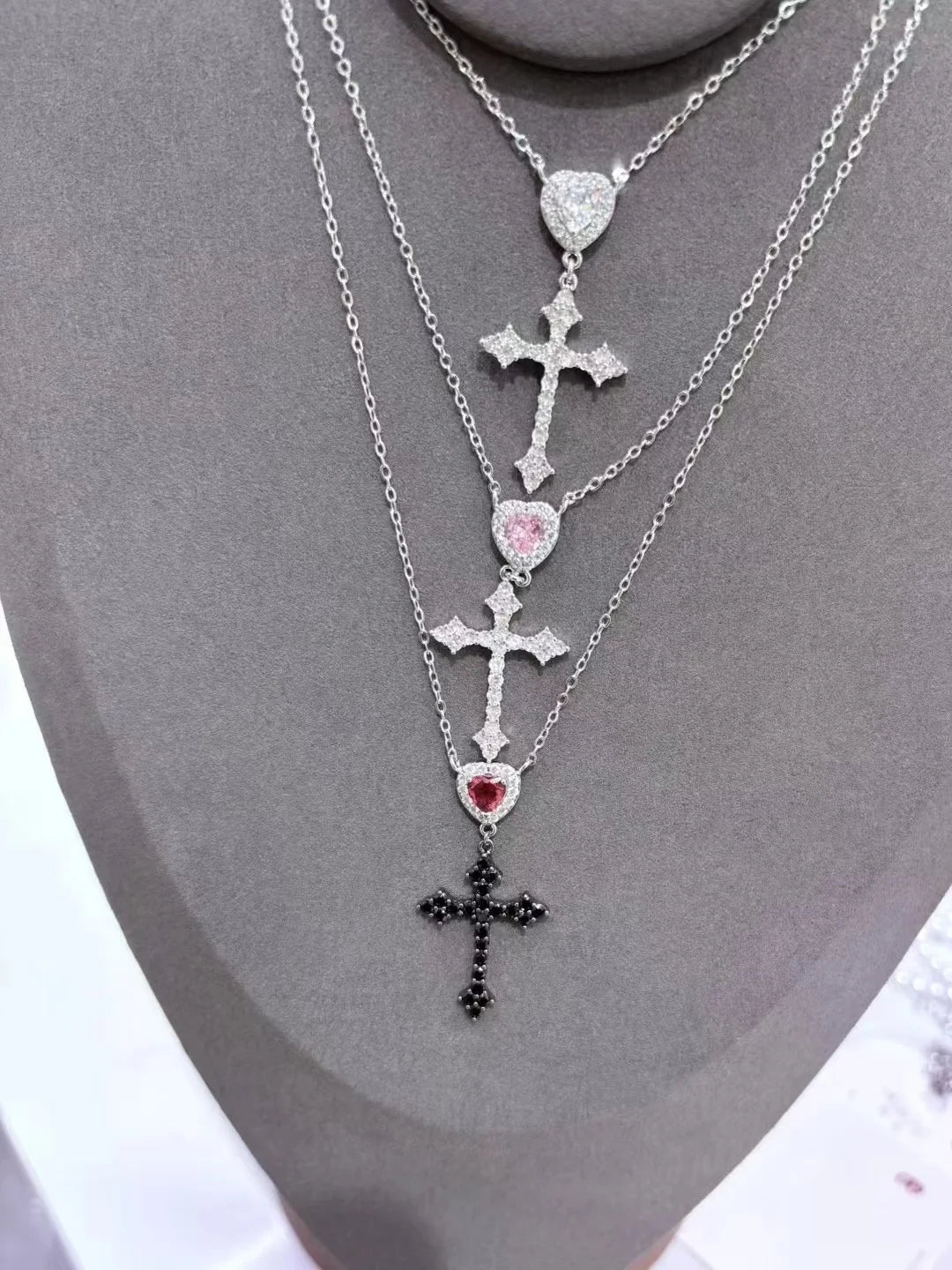 Ilona Silver Plated Copper Gothic Cross Jewelry Set Multi Color Heart CZ Pendant Necklace Drop Earring Y2K Women Streetwear Gift