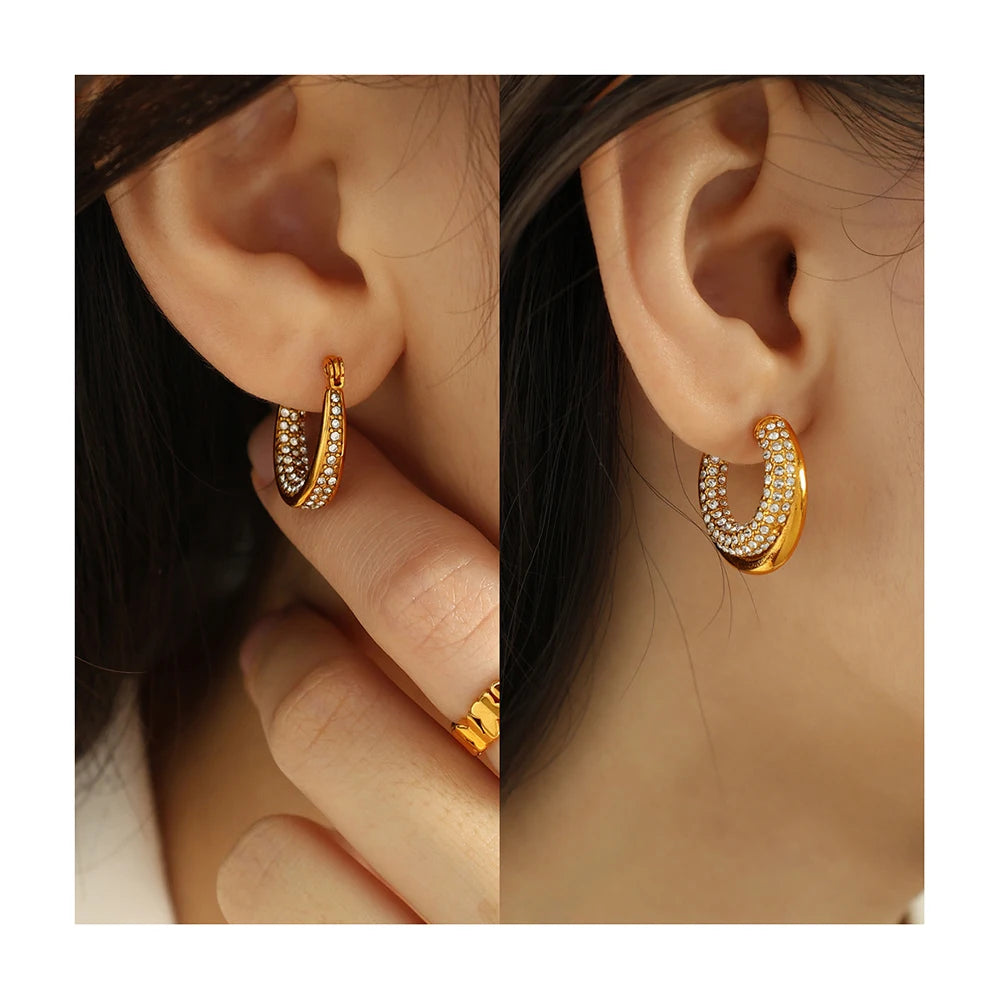 New Fashion Zircon Inlaid Twist Series CC Shape Earrings Stainless Steel 18K Gold Plated Tarnish Free Hoop Earrings