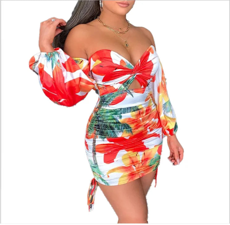 Vacation Women Casual Dresses Off Shoulder Puff Sleeve Ladies Summer Floral Printed Dress Clothing Fashion 2026