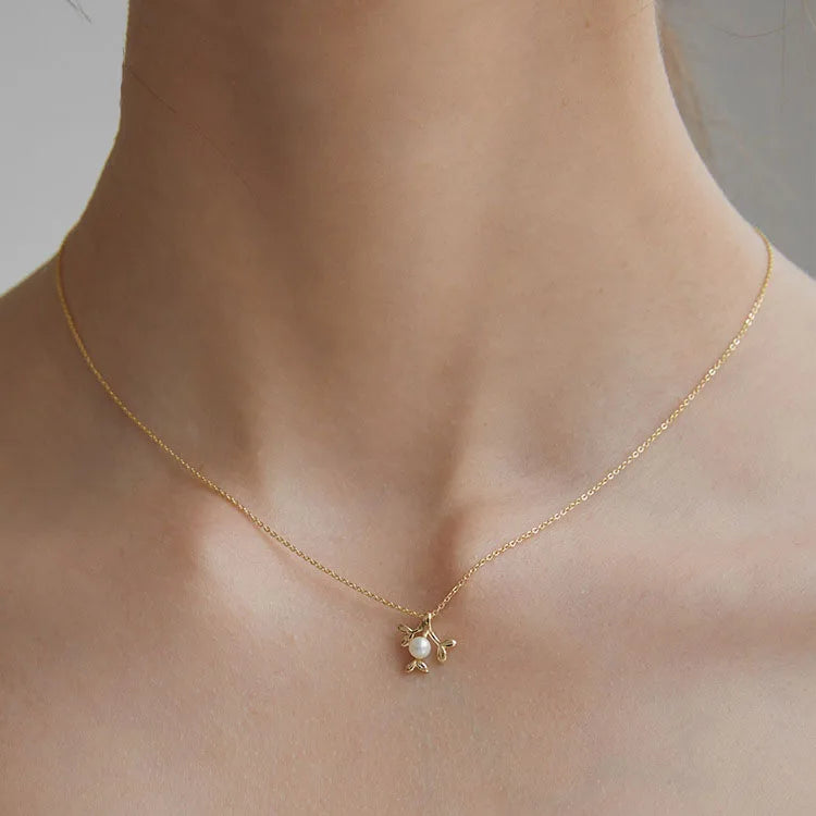 Cute 14K Gold Plating Fashion Pure 925 Sterling Silver Pearl Peach Blossom Flower Pendant Necklace for Women Girls Jewelry