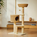 Luxury Modern Furniture Big Cat Tree Tower Rattan Woven Wood Sisal Pet Climbing Scratcher Post Condo Scratching Cats Trees House