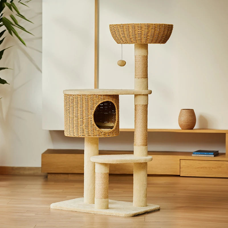 Luxury Modern Furniture Big Cat Tree Tower Rattan Woven Wood Sisal Pet Climbing Scratcher Post Condo Scratching Cats Trees House