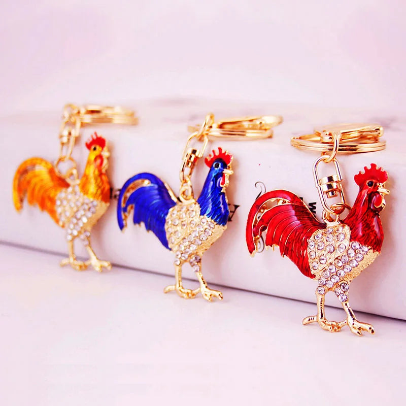 Environmental Protection Metal Zinc Alloy Gold Plated Chinese Zodiac Animal Rooster Pendant KeyChain With Key Ring