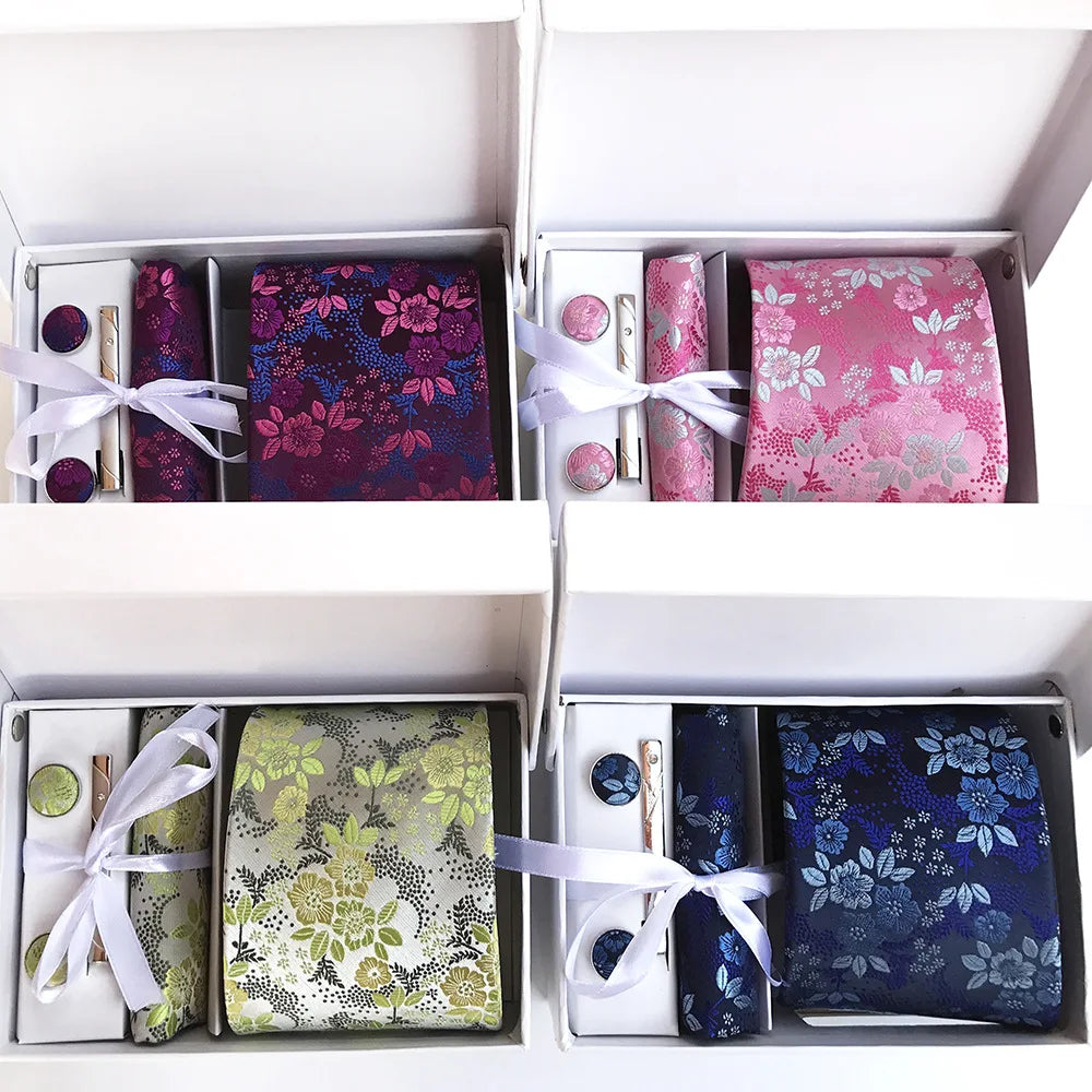 New Paisley Floral Ties for Mens Tie Set With Hankies Cuff Link Mens Ties Silk Box Set
