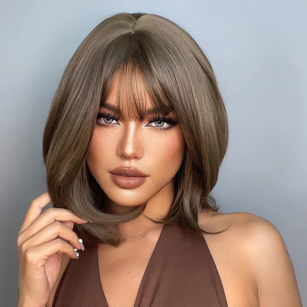 Factory Outlet Brown Short Hair Wig With Bangs Straight Synthetic Wig for Women Natural Looking Daily False Hair