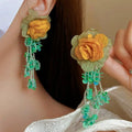 KAIMEI 2025 New Arrival Fashion Jewelry Fabric Flower Sequins Rice Beads Tassel Earrings Green Handmade Bohemian Floral Earrings
