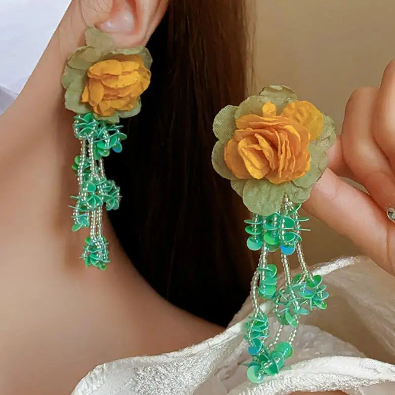 KAIMEI 2025 New Arrival Fashion Jewelry Fabric Flower Sequins Rice Beads Tassel Earrings Green Handmade Bohemian Floral Earrings