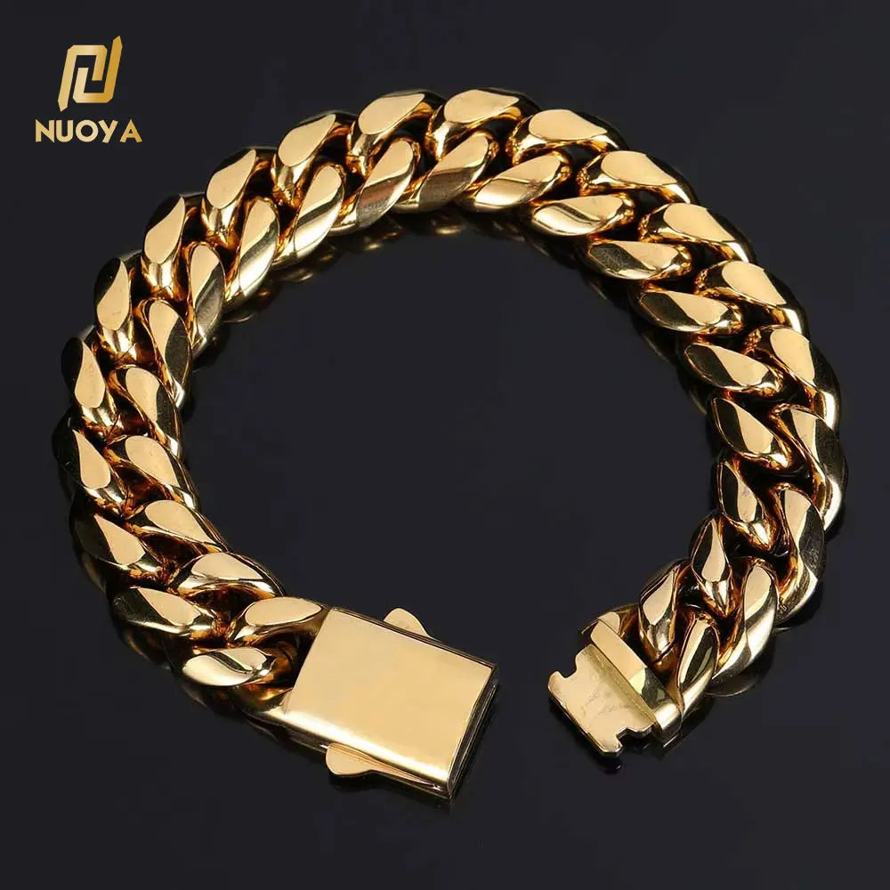 NUOYA Hip Hop Jewelry Wholesale Stainless Steel Bracelet Custom 10mm Gold Plated Cuban Link Bracelet